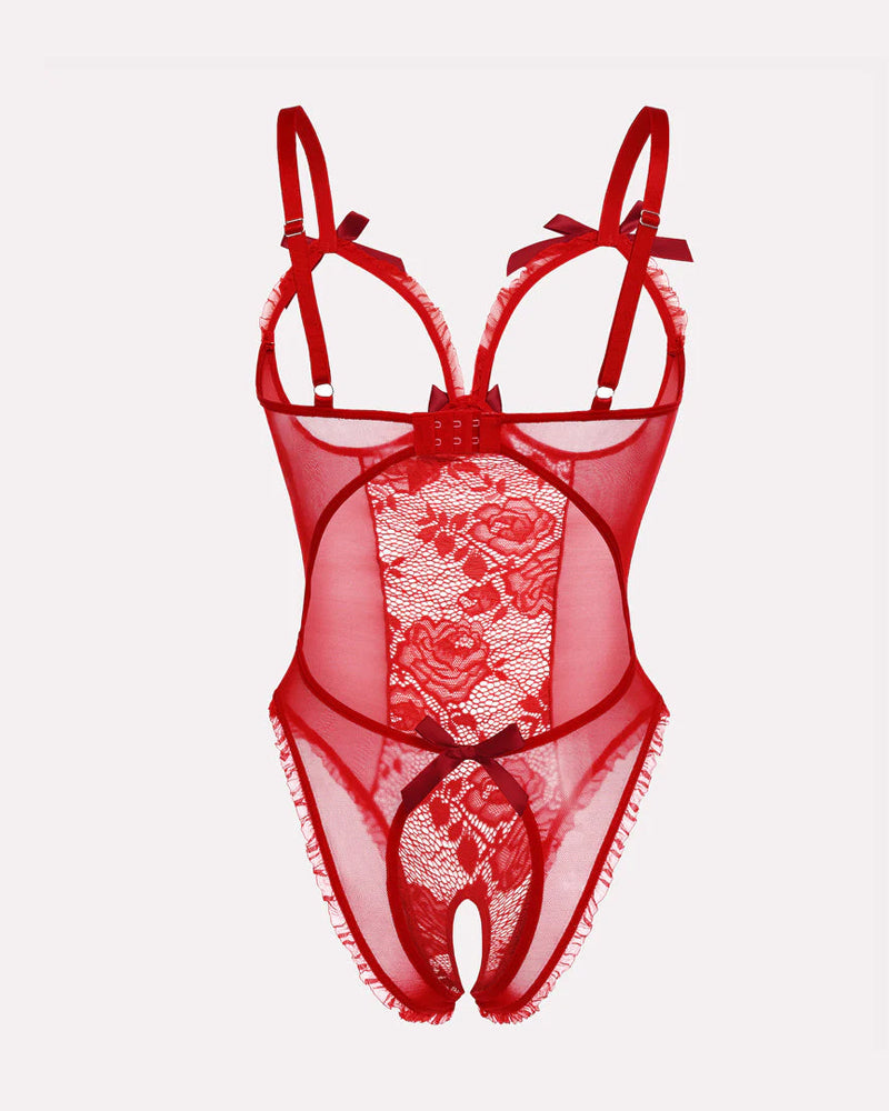 Sexy Einteiler-Pyjama mit Blumenmuster, Netzstickerei am Dekolleté und offenem Schritt