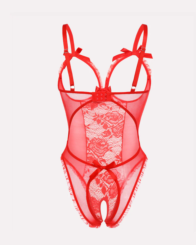 Sexy Einteiler-Pyjama mit Blumenmuster, Netzstickerei am Dekolleté und offenem Schritt