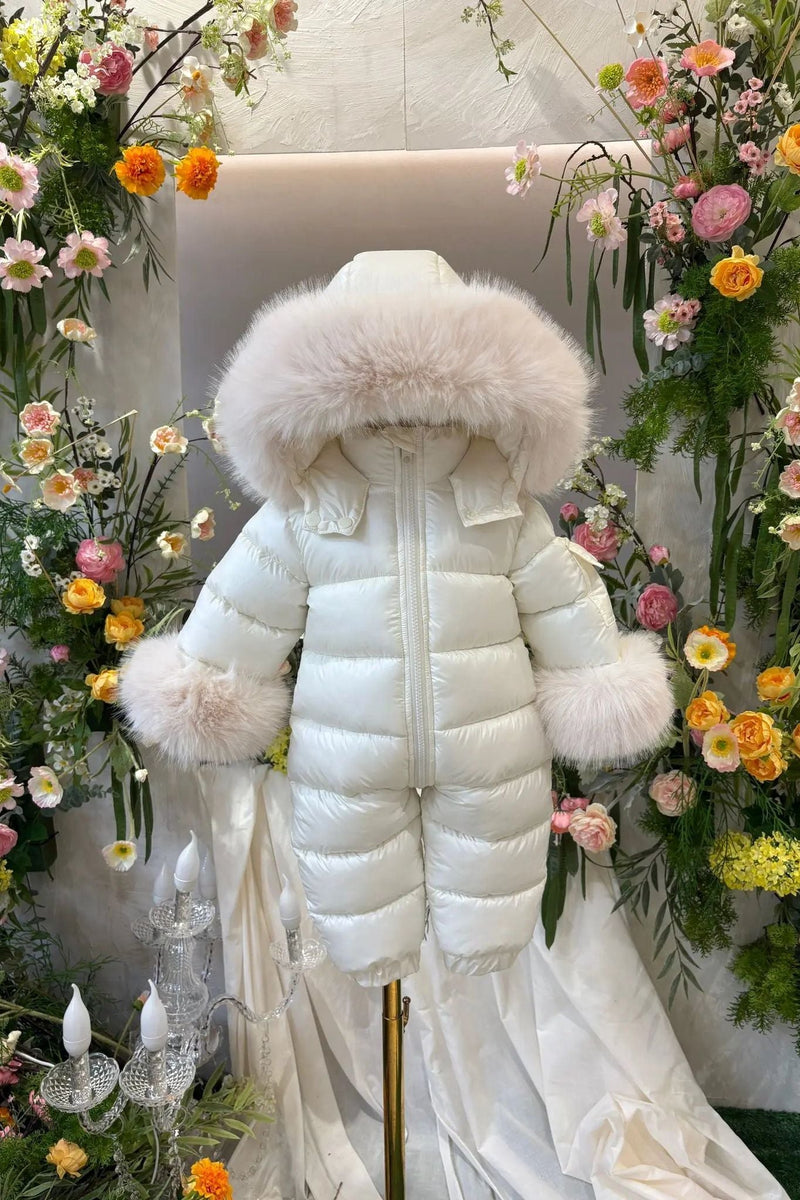Combinaison de neige bébé douillette avec capuche en fourrure amovible – Crème, réduction de Noël 🎄