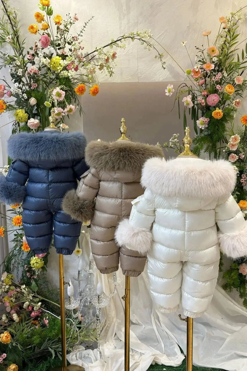 Combinaison de neige bébé douillette avec capuche en fourrure amovible – Crème, réduction de Noël 🎄