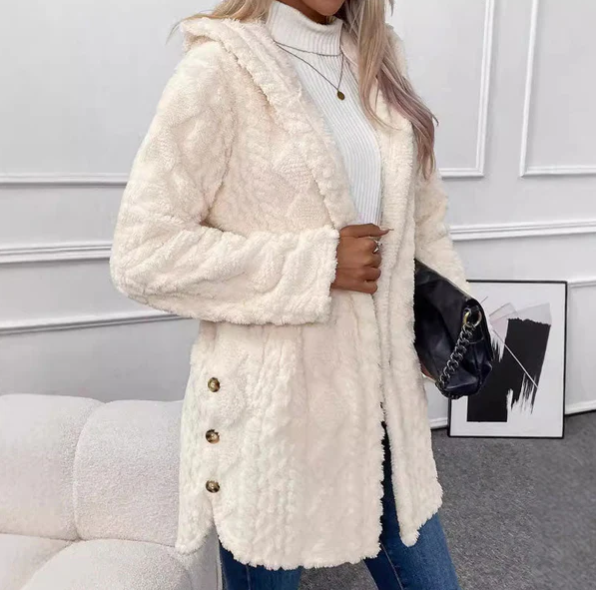 Warme Damenjacke mit Kapuze und Rautenmuster