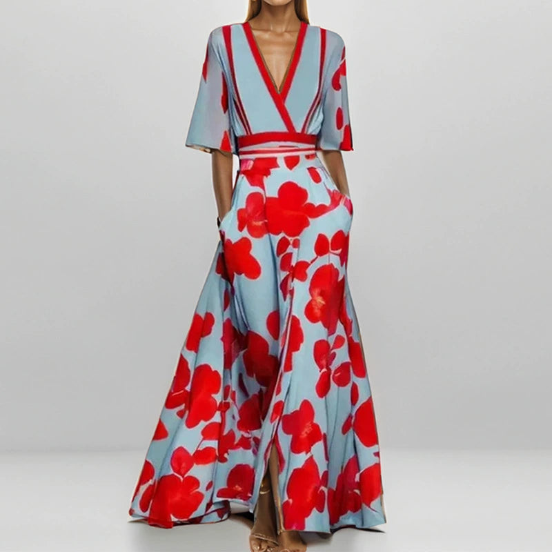 Kuschelwohl 2026 Frühlingskleid – Elegantes V-Ausschnitt Kleid mit Print, Bindegürtel & weitem Rock (Jetzt im Angebot)