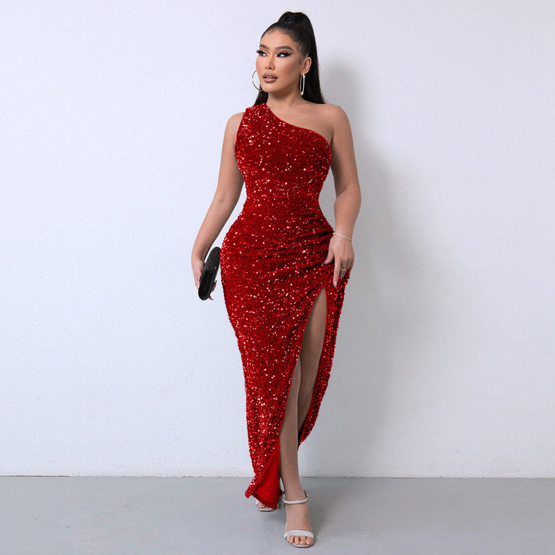 Robe à sequins asymétrique à fente haute et scintillante 💃 | Soldes Black Friday et Noël – Jusqu'à 50 % de réduction ! Sans frais cachés !
