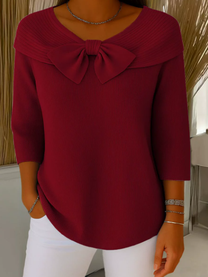 🎀🧶 Pull en maille douillet pour femme avec grand nœud – Col V, doux et féminin 