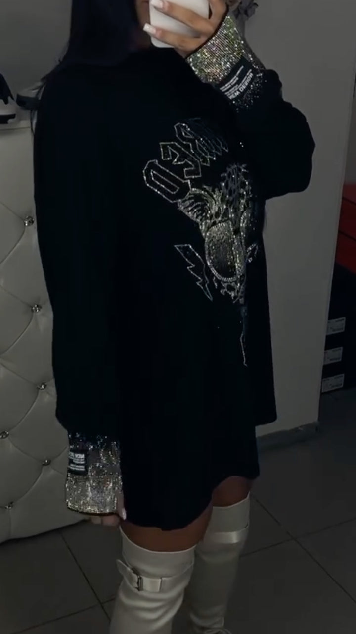 Damen-Freizeittop mit Rundhalsausschnitt, Leopardenmuster und Strasssteinen