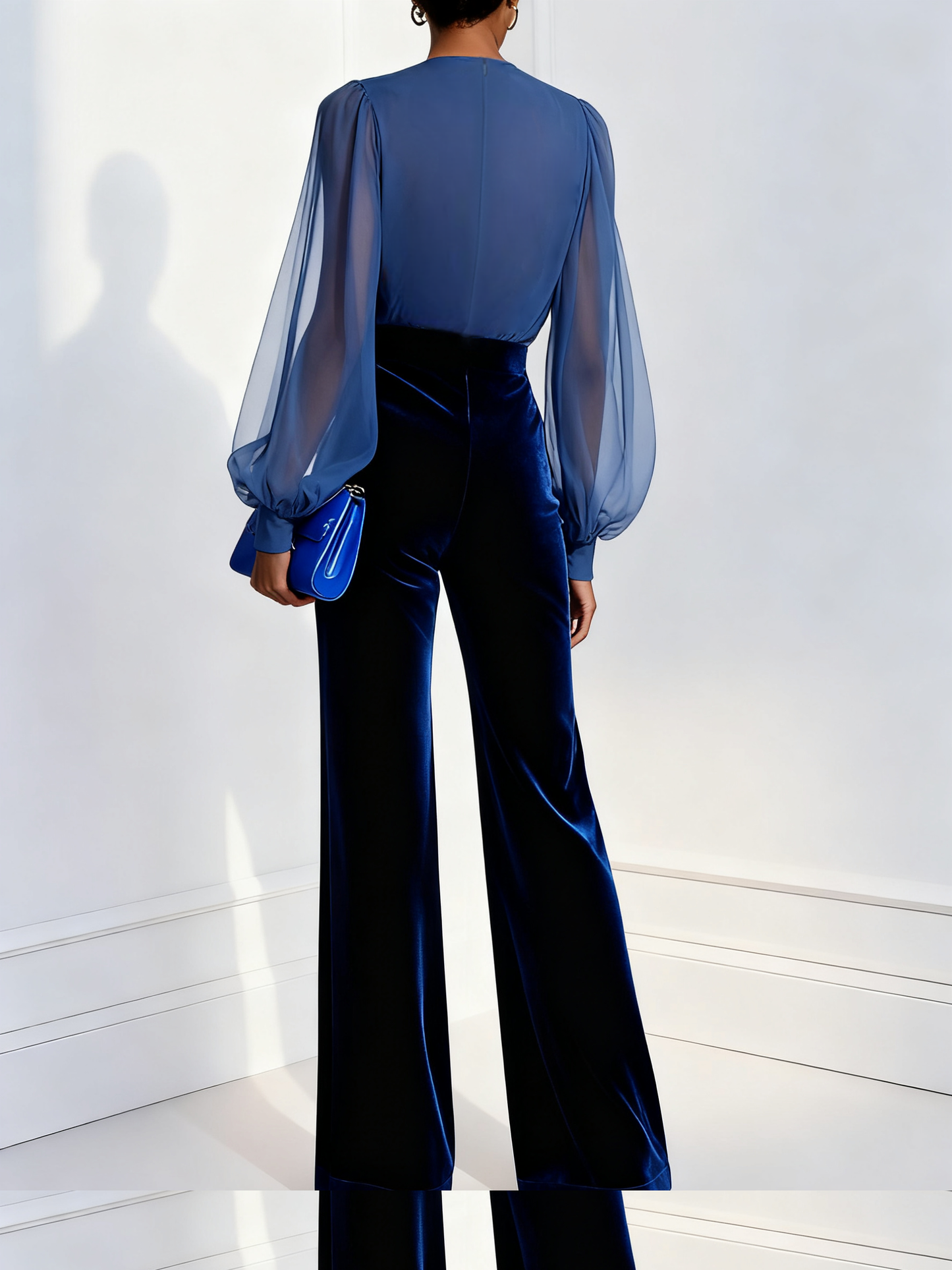 Kuschelwohl™ Samt-Jumpsuit mit Mesh & V-Ausschnitt – Blau (Exklusiver Weihnachts-Sale 🎄)