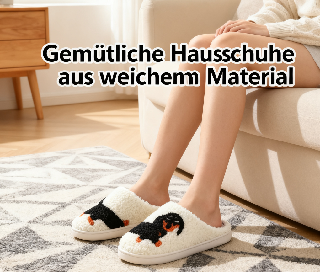 Pantoffeln 🐶 – Flauschige Winter-Hausschuhe mit Dackel-Stickerei, Memory-Foam & Anti-Rutsch-Sohle ❄️