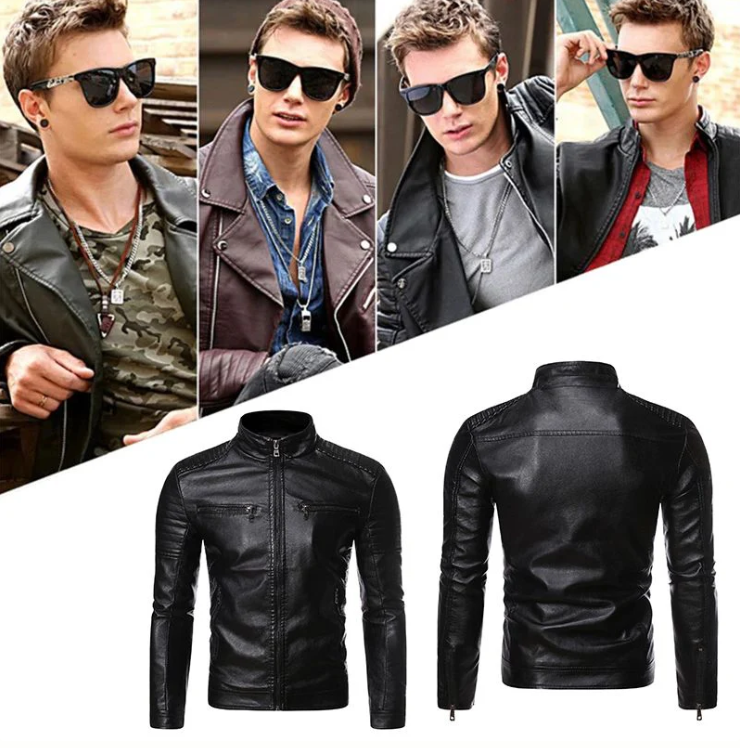 🔥 Zeitlich begrenztes Angebot 🔥 Herren-Biker-Lederjacke mit Stehkragen