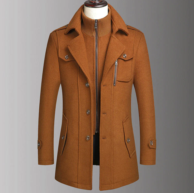 Herren-Wintermantel Klassischer Trenchcoat Herren-Langer Trenchcoat Slim-Fit-Mantel Warmes Mäntel aus Wollmischung Trenchcoat