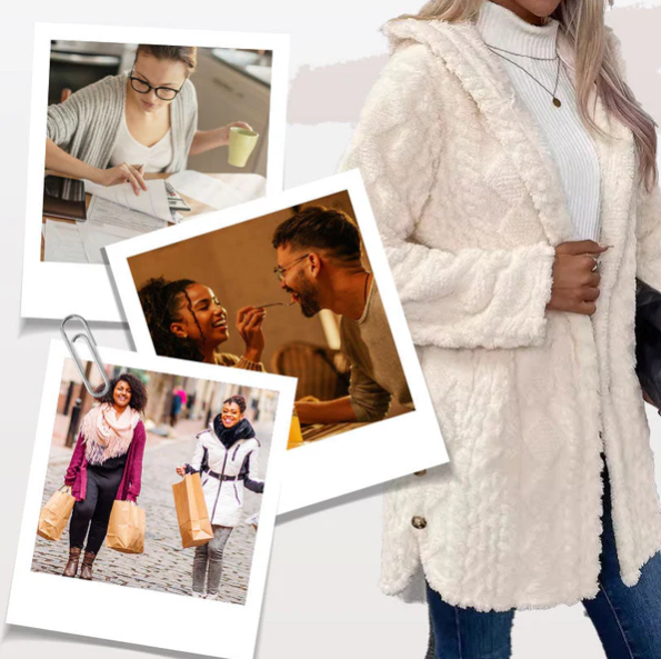 Warme Damenjacke mit Kapuze und Rautenmuster