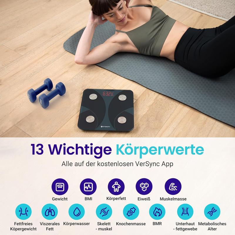 Bluetooth Körperfettwaage mit App – 13 Körperwerte, bis 180 kg