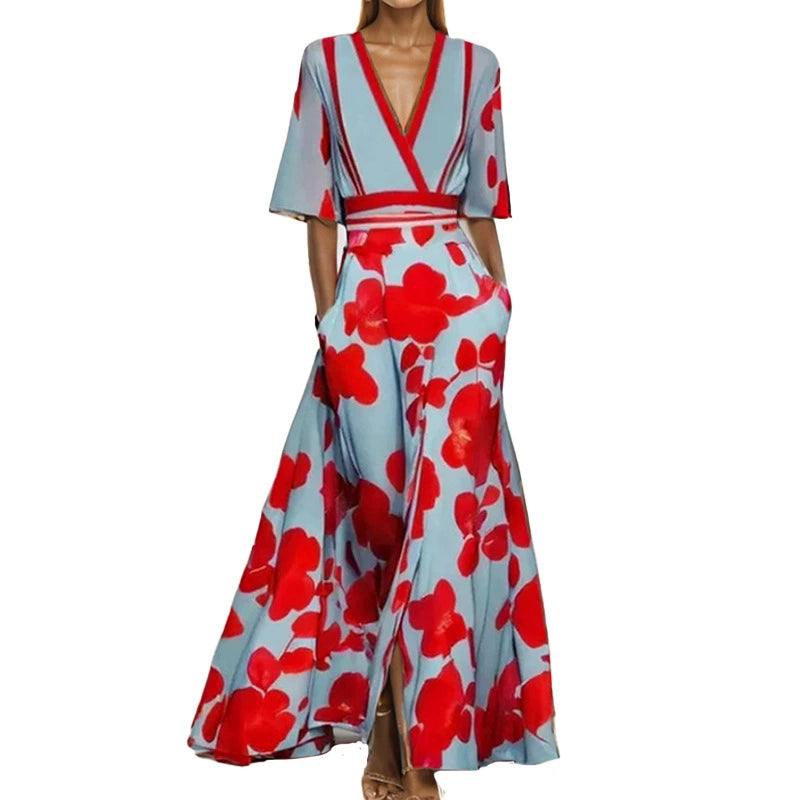 Kuschelwohl 2026 Frühlingskleid – Elegantes V-Ausschnitt Kleid mit Print, Bindegürtel & weitem Rock (Jetzt im Angebot)