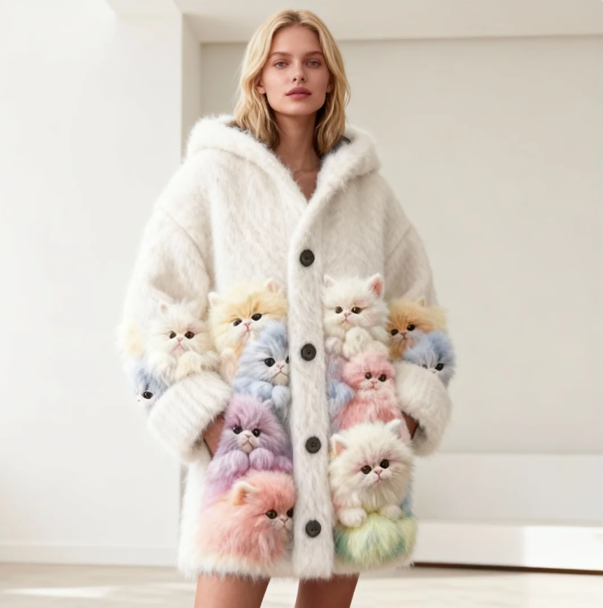 (Neuheit) Kuschelwohl™ Plüsch-Umhang mit 3D-Katzenmotiv & Kapuze – 🎄 Exklusiver Weihnachts-Deal