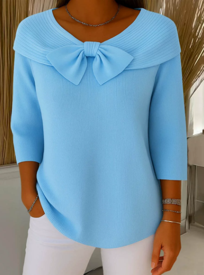 🎀🧶 Kuschelwohl Damen Strickpullover mit großer Schleife – V-Ausschnitt, weich & feminin