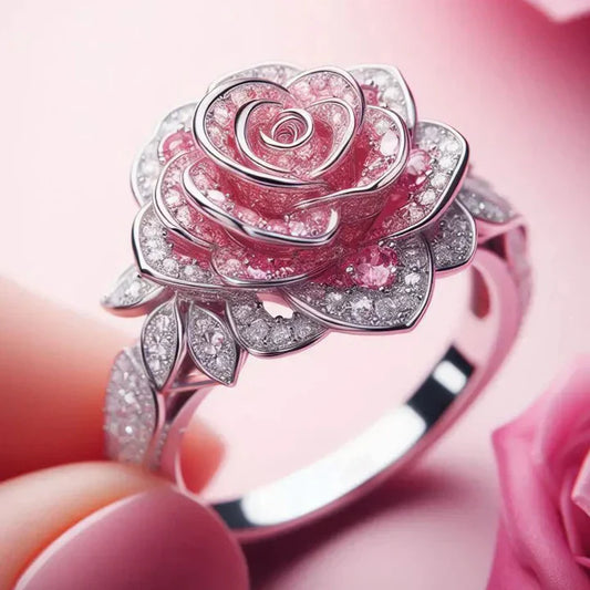 Exotischer, silberplattierter Ring mit rosa Blüten