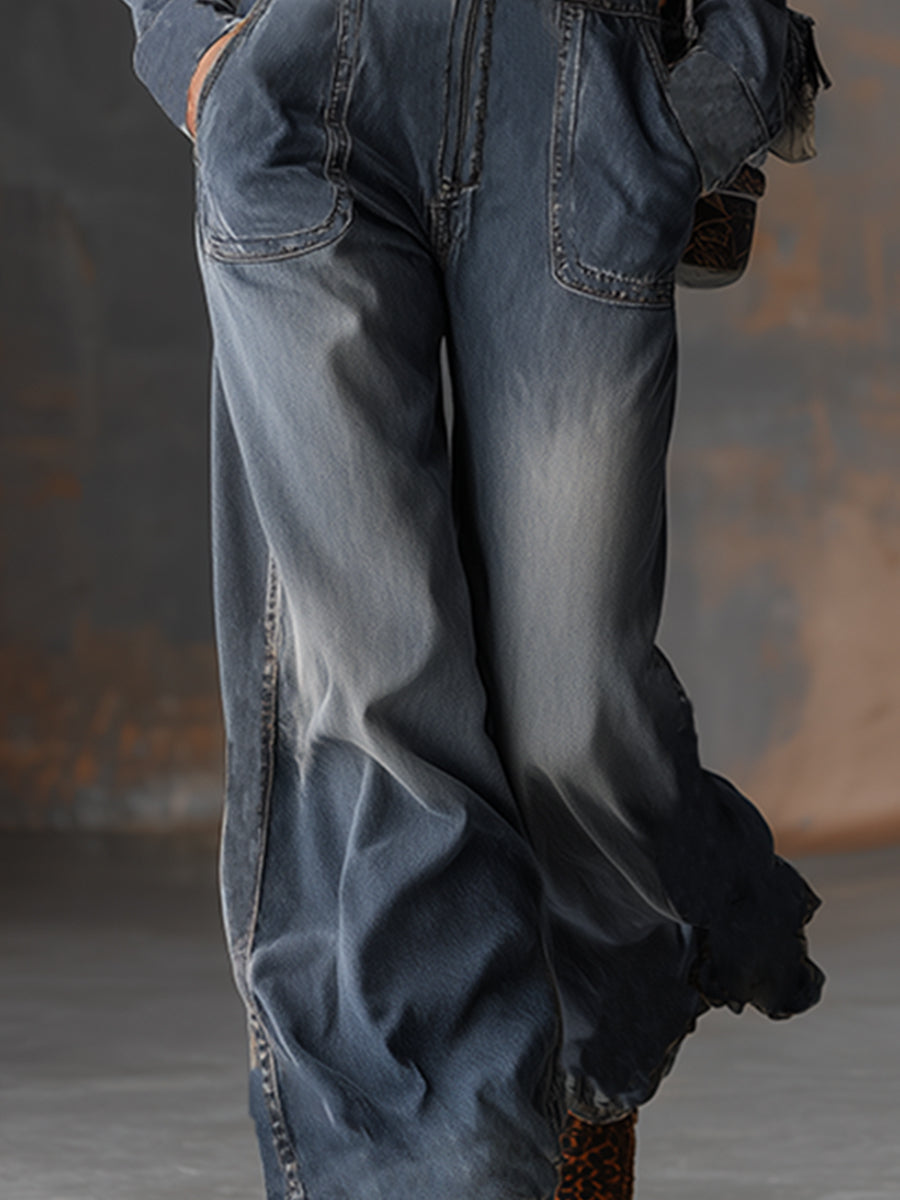 Retro-Jumpsuit mit Kapuze aus grau-blauem Denim und Frontreißverschluss
