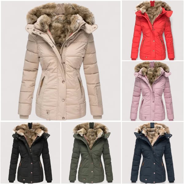 🧥❄️ Veste matelassée thermique confortable pour femme avec capuche en fausse fourrure – Chaude, coupe-vent et déperlante