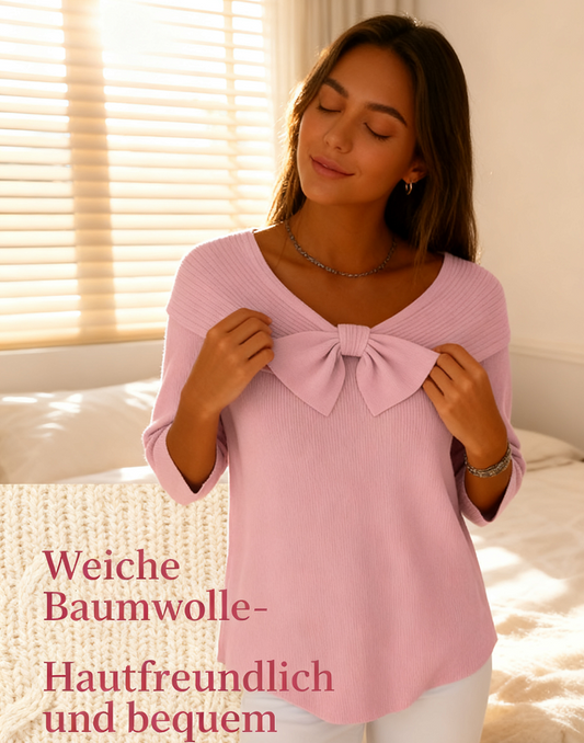 🎀🧶 Kuschelwohl Damen Strickpullover mit großer Schleife – V-Ausschnitt, weich & feminin