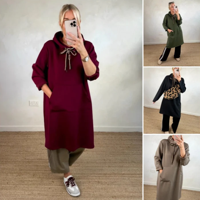 Übergroßes langes Damenkleid mit Kapuze und Taschen