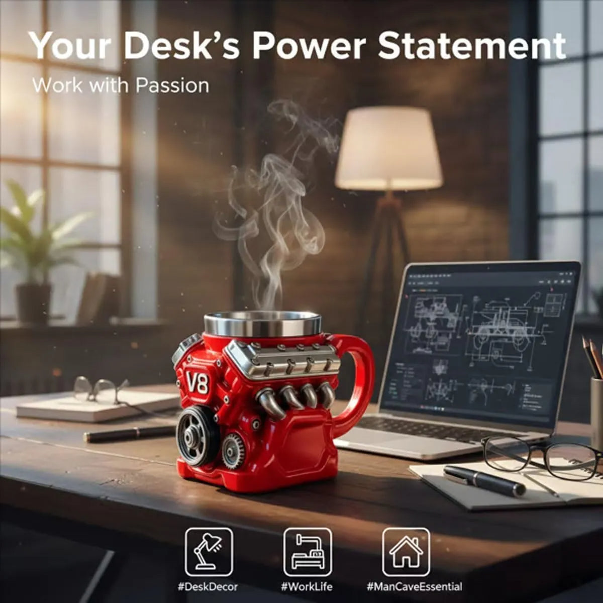 Edelstahlbecher mit V8-Motormotiv