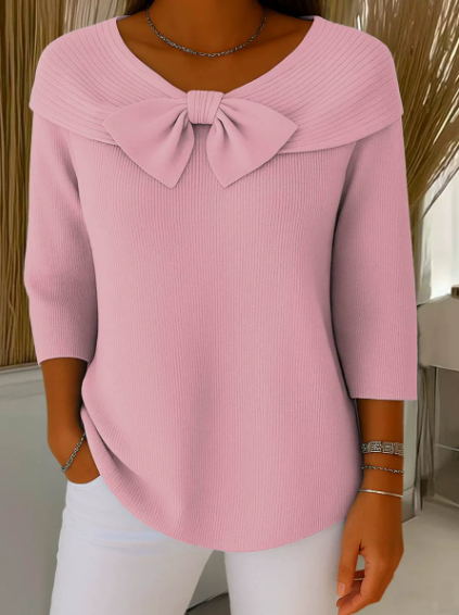 🎀🧶 Kuschelwohl Damen Strickpullover mit großer Schleife – V-Ausschnitt, weich & feminin