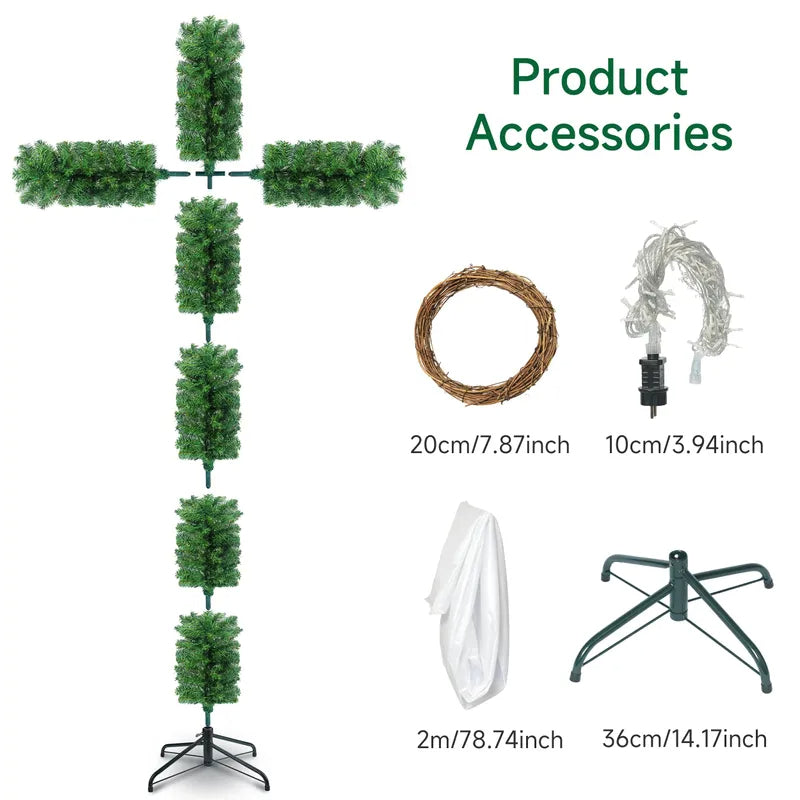 Sapin de Noël illuminé avec croix, guirlande lumineuse, écharpe blanche et couronne d'épines | Remise de Noël jusqu'à -40 % | 