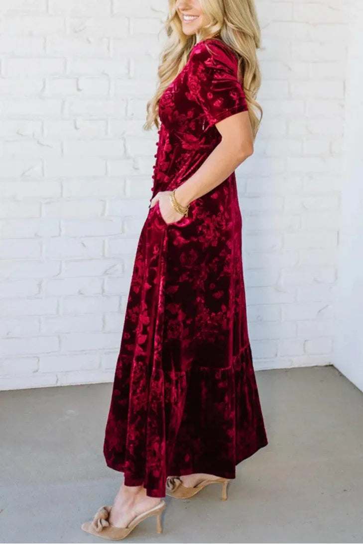 Robe longue élégante en velours avec bordure en dentelle et patte de boutonnage (style vintage) – 🎄 Offre exclusive de Noël 