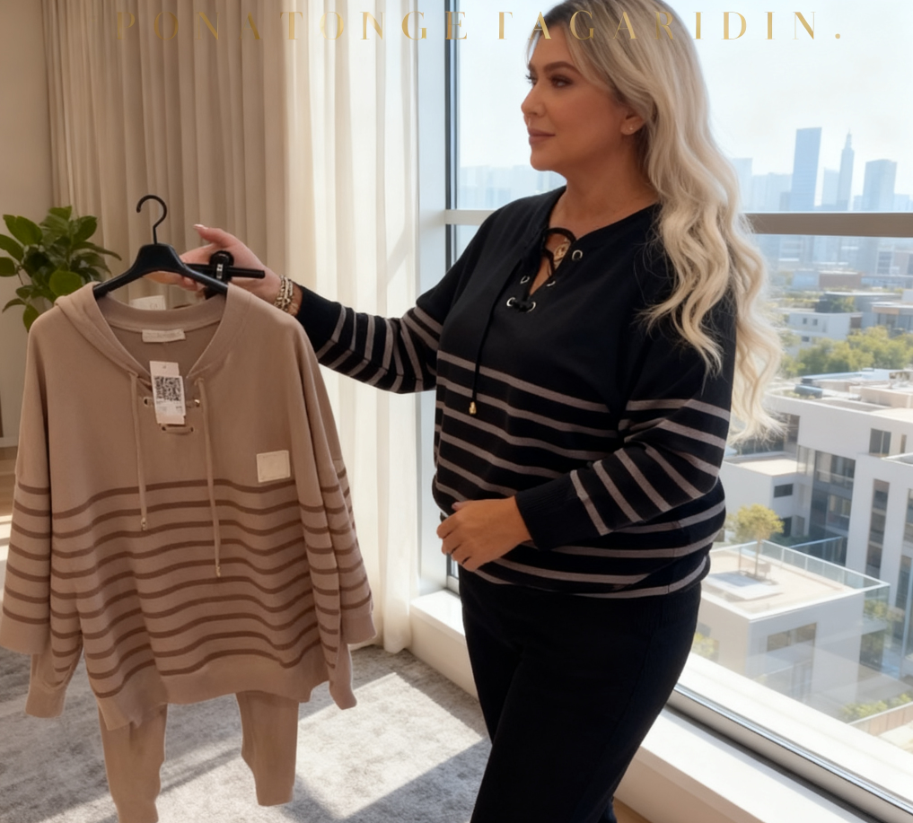 ✨ Lässiges Set aus gestreiftem Oberteil und knöchellanger Hose – Hose mit hoher Taille zum Abnehmen, vielseitig für den Alltag/Besorgungen/Lounge