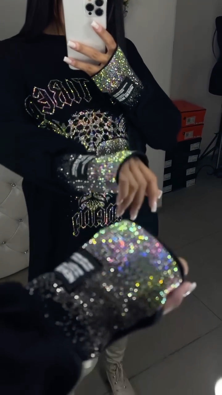 Damen-Freizeittop mit Rundhalsausschnitt, Leopardenmuster und Strasssteinen