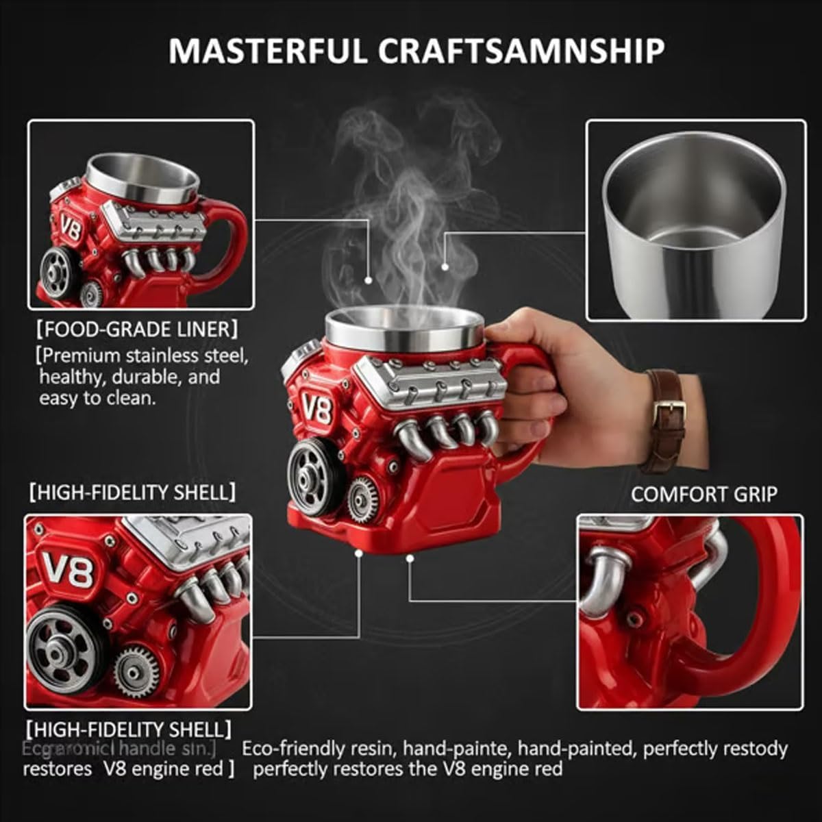 Edelstahlbecher mit V8-Motormotiv