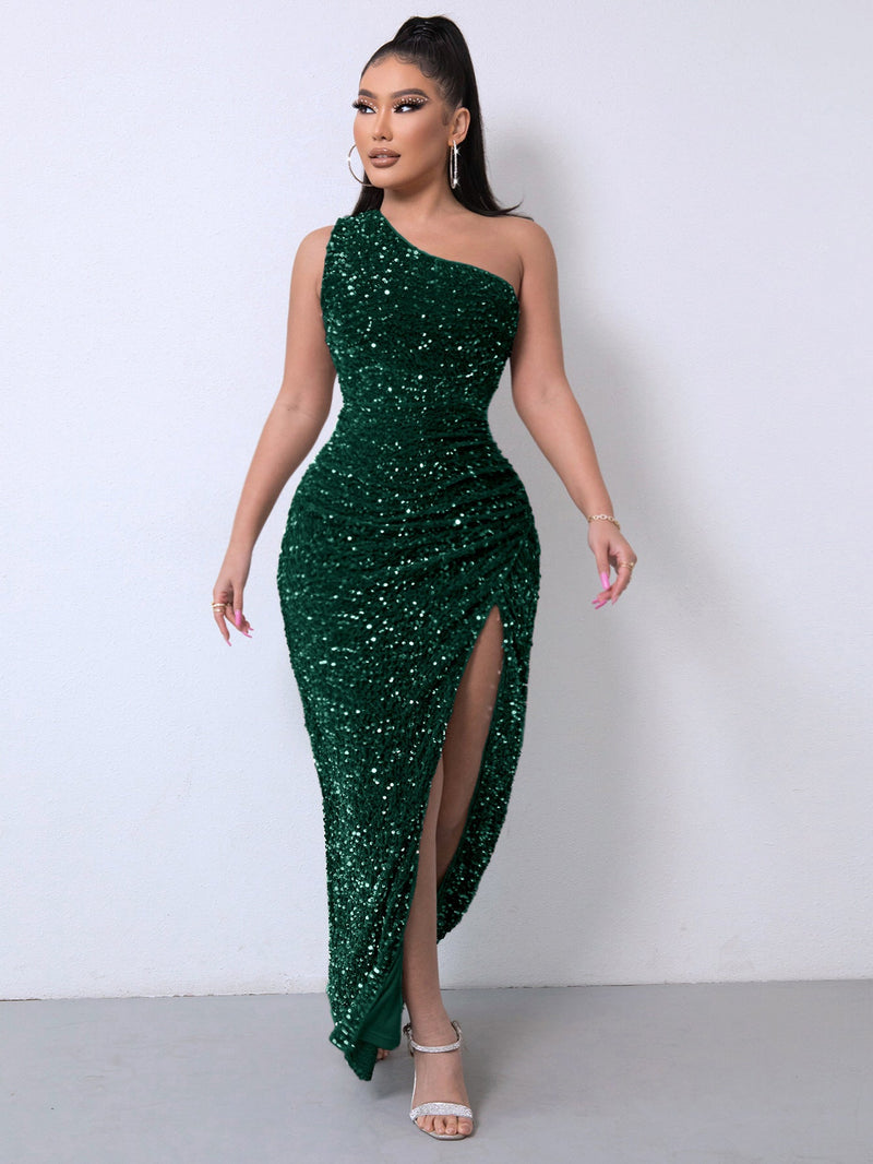 Robe à sequins asymétrique à fente haute et scintillante 💃 | Soldes Black Friday et Noël – Jusqu'à 50 % de réduction ! Sans frais cachés !