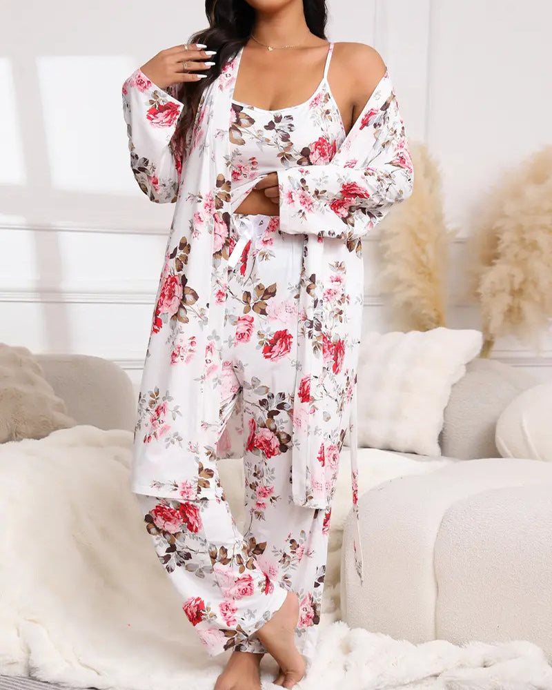 Bequemes 3-teiliges Pyjama-Set – Bademantel, Spaghettiträger-Top und lange Hose