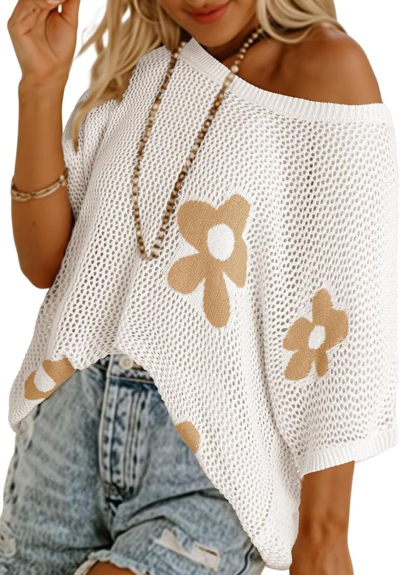 ⏰Heißer Verkauf – Niedliche Damen-Tops mit Blumenmuster, kurzärmelig, gehäkelt, leichter Pullover
