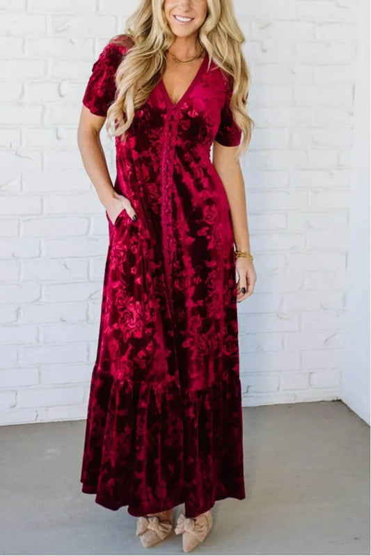 Robe longue élégante en velours avec bordure en dentelle et patte de boutonnage (style vintage) – 🎄 Offre exclusive de Noël 