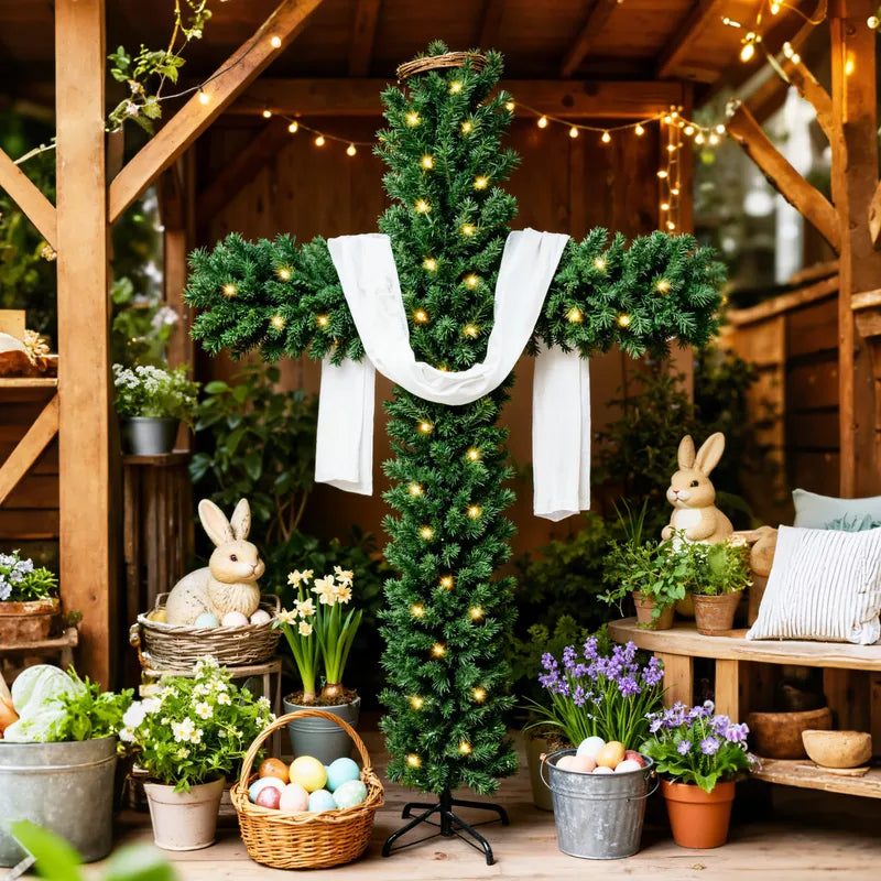 Sapin de Noël illuminé avec croix, guirlande lumineuse, écharpe blanche et couronne d'épines | Remise de Noël jusqu'à -40 % | 
