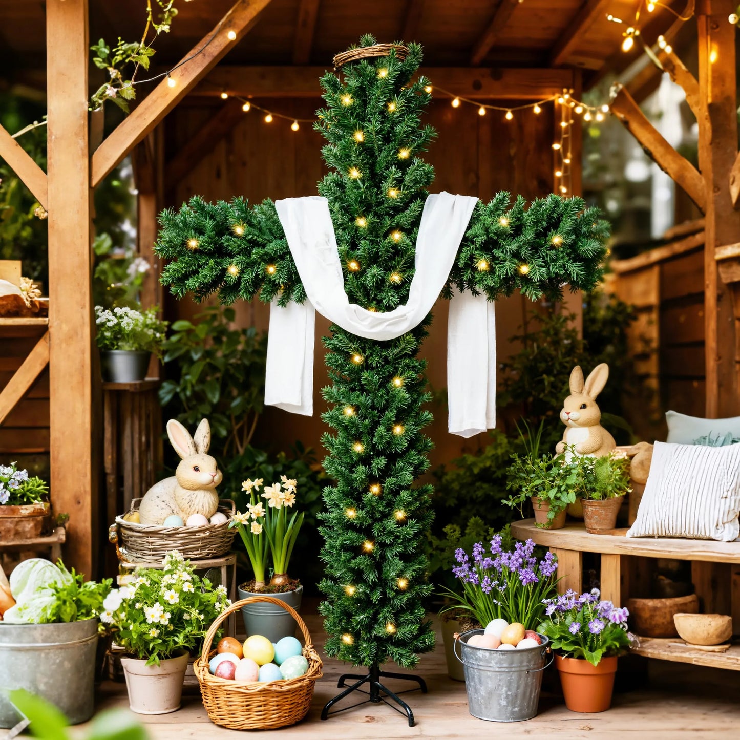 Beleuchteter Weihnachts-Kreuzbaum mit Lichterkette, weißem Schal & Dornenkrone | Weihnachtsrabatt bis –40 % |