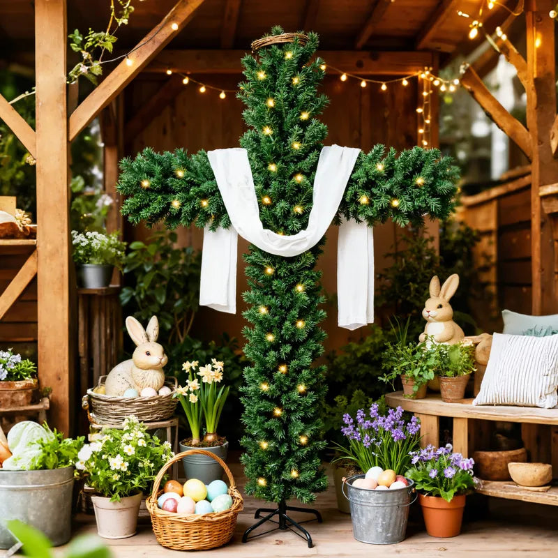 Sapin de Noël illuminé avec croix, guirlande lumineuse, écharpe blanche et couronne d'épines | Remise de Noël jusqu'à -40 % | 