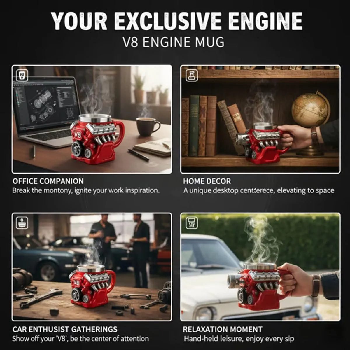 Edelstahlbecher mit V8-Motormotiv