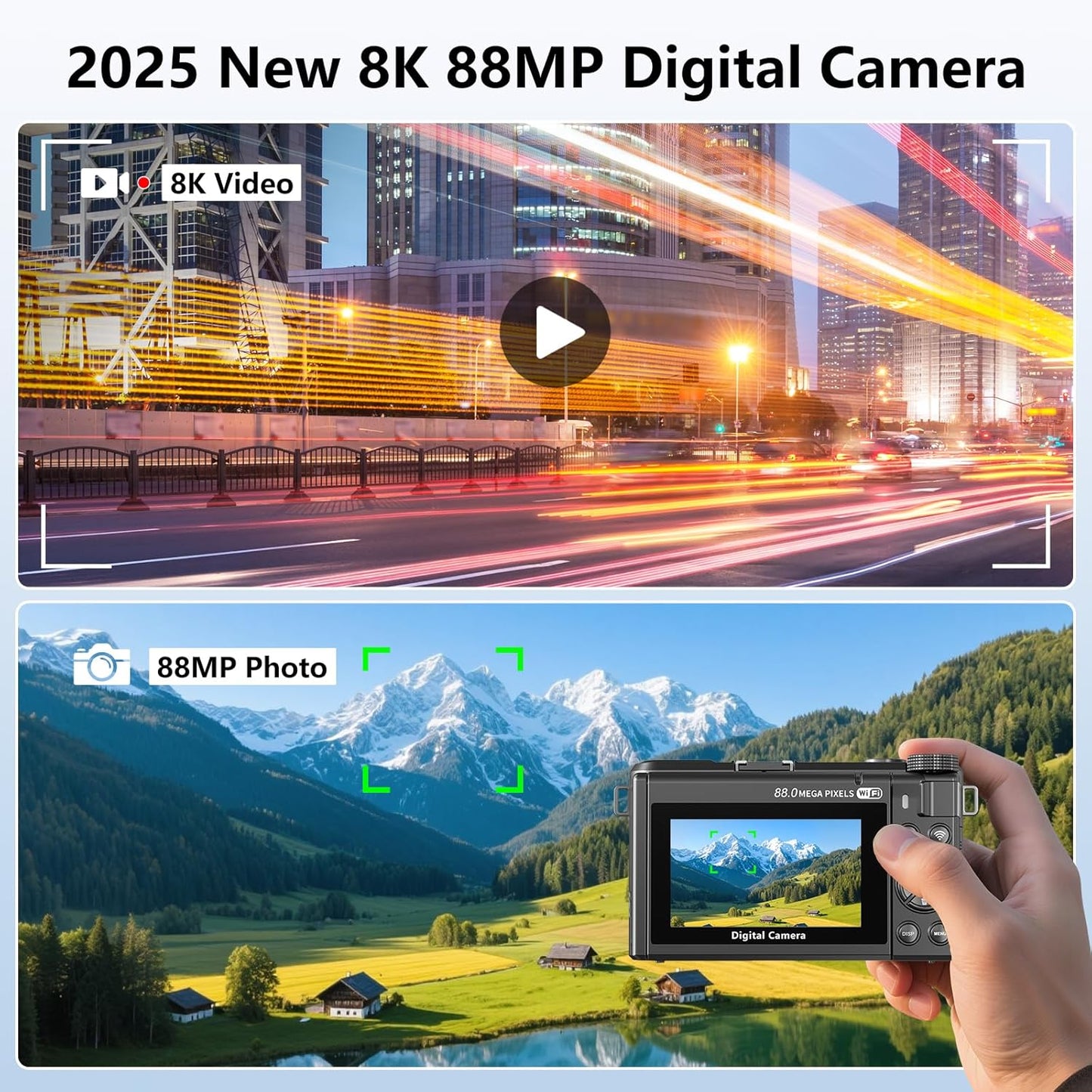 8K-Digitalkamera mit 88 MP und 3-Zoll-180°-Klappbildschirm