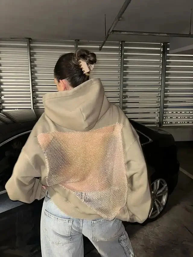Damen-Hoodie aus Glitzer-Mesh mit offenem Rücken