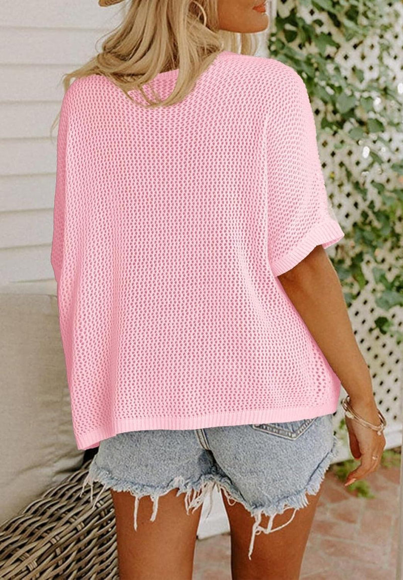 ⏰Heißer Verkauf – Niedliche Damen-Tops mit Blumenmuster, kurzärmelig, gehäkelt, leichter Pullover