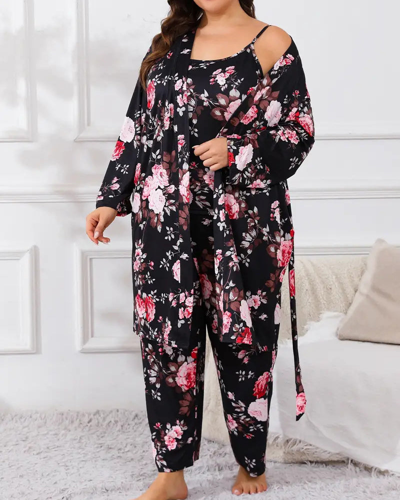 Bequemes 3-teiliges Pyjama-Set – Bademantel, Spaghettiträger-Top und lange Hose