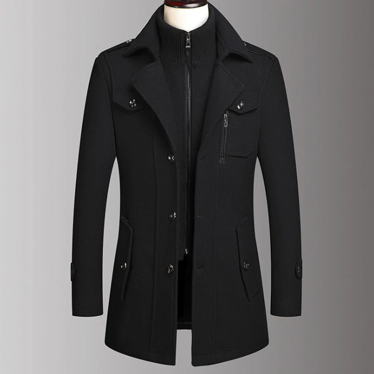 Herren-Wintermantel Klassischer Trenchcoat Herren-Langer Trenchcoat Slim-Fit-Mantel Warmes Mäntel aus Wollmischung Trenchcoat