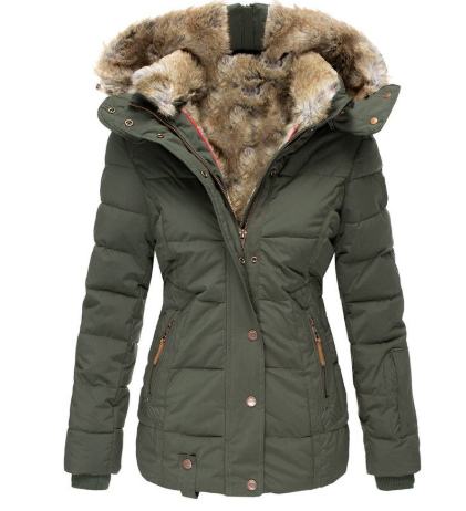 🧥❄️ Veste matelassée thermique confortable pour femme avec capuche en fausse fourrure – Chaude, coupe-vent et déperlante
