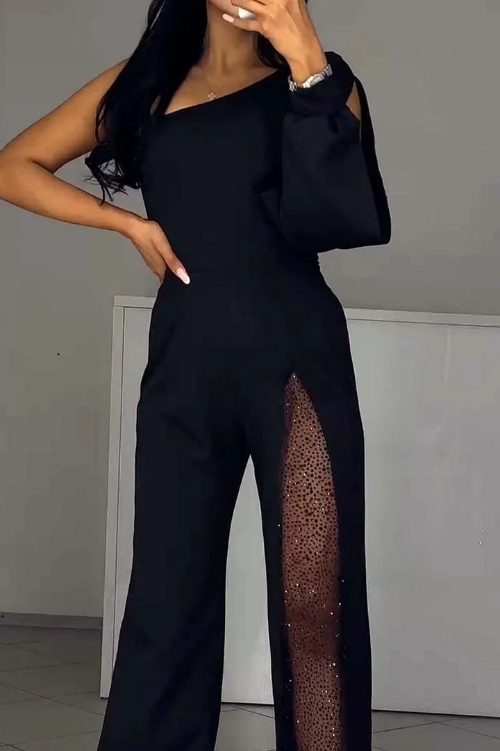 Combinaison pour femme en mélange de coton, décolleté épaules dénudées et fente haute 
