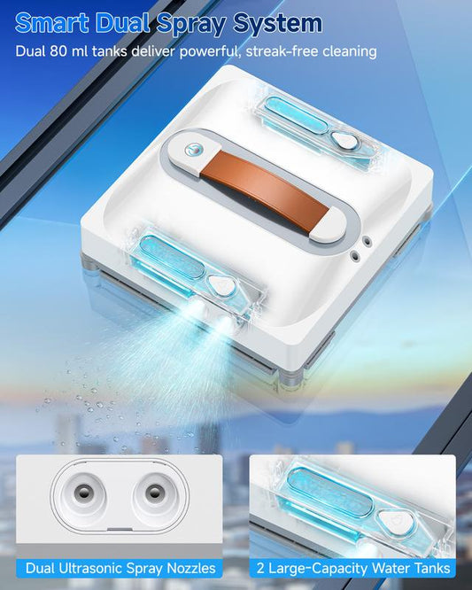 Automatischer Fenster- und Glasreinigungsroboter, ausgestattet mit einem vierstufigen Wassersprühsystem, achtstufigem Sicherheitsschutz, kollisionsresistenter Kantenerkennung und intelligenter Routenplanungsfunktion.