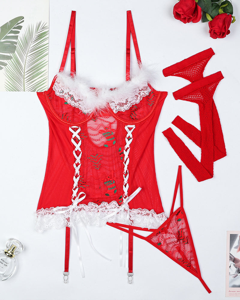 Sexy Weihnachts-Dessous-Set aus durchsichtiger Spitze und Strümpfen– 40% Weihnachts-Rabatt