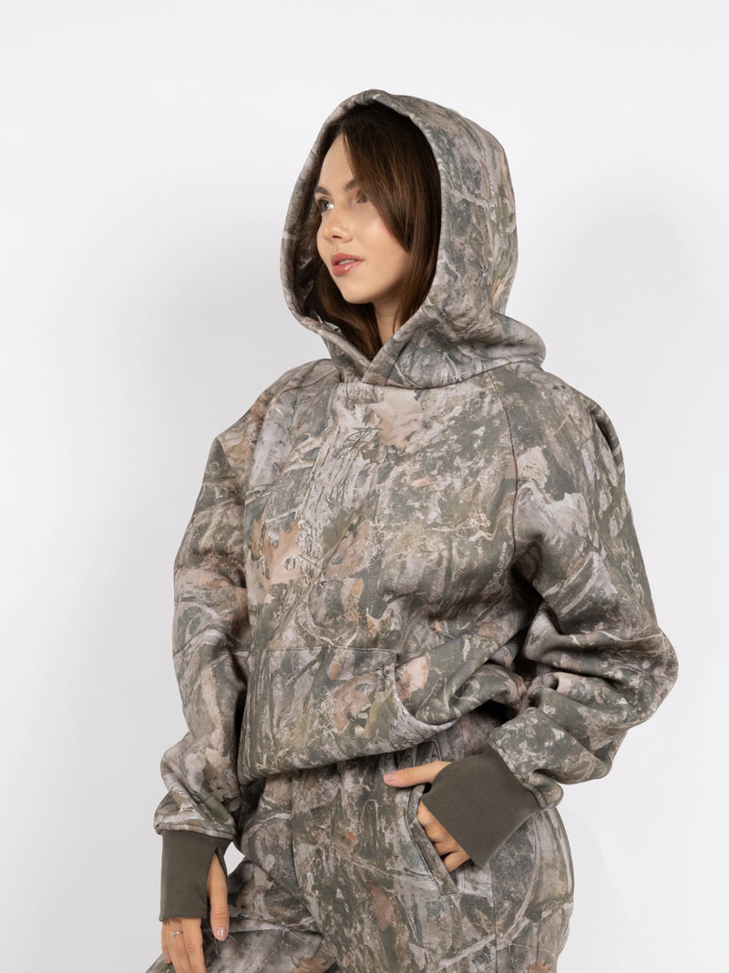 Ensemble de loisirs oversize Kuschelwohl™ : Sweat à capuche et pantalon camouflage à imprimé feuille d'érable – 🎄 Grande vente de Noël