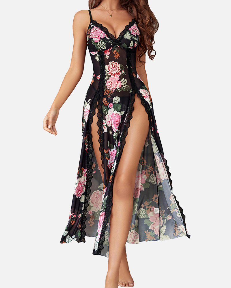 Sexy Nachthemd mit V-Ausschnitt und seitlichem Schlitz aus Mesh-Material