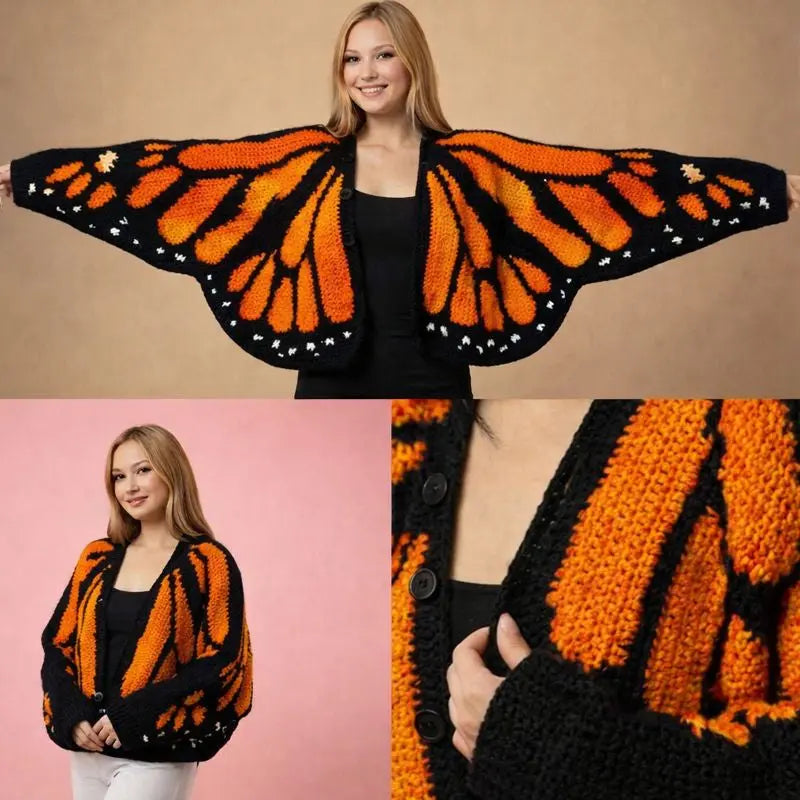 Monarch Butterfly Häkel-Cardigan-Cape – Handgehäkelter Oversize Poncho mit Flügel-Design in Orange/Schwarz | Kuschelig & Statement-Look | Jetzt -20% Angebot